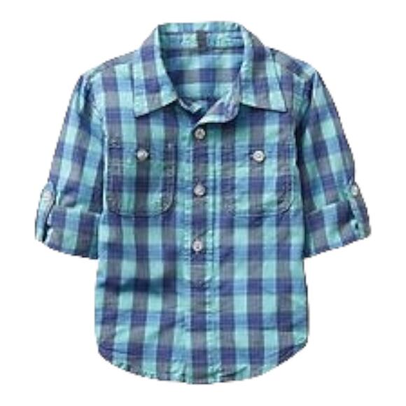 Gap Boys Shirt Size 2 Oceanside Blue Plaid Roll Tab Cuff Button Up Front - Picture 1 of 7